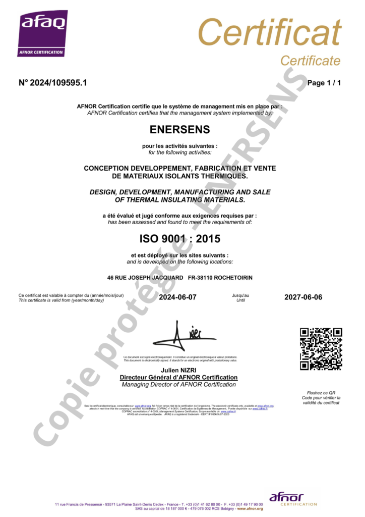 Certificate ISO 9001 : 2015 ENERSENS
